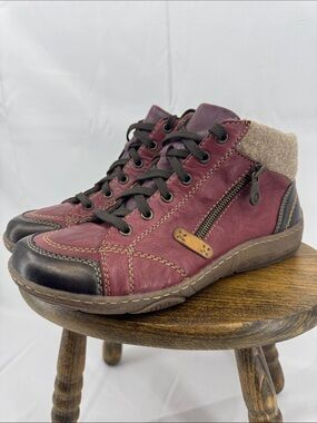 Remonte Womens R1467-35 Burgundy Combo Leather Ankle Zip Boots, sz 41
